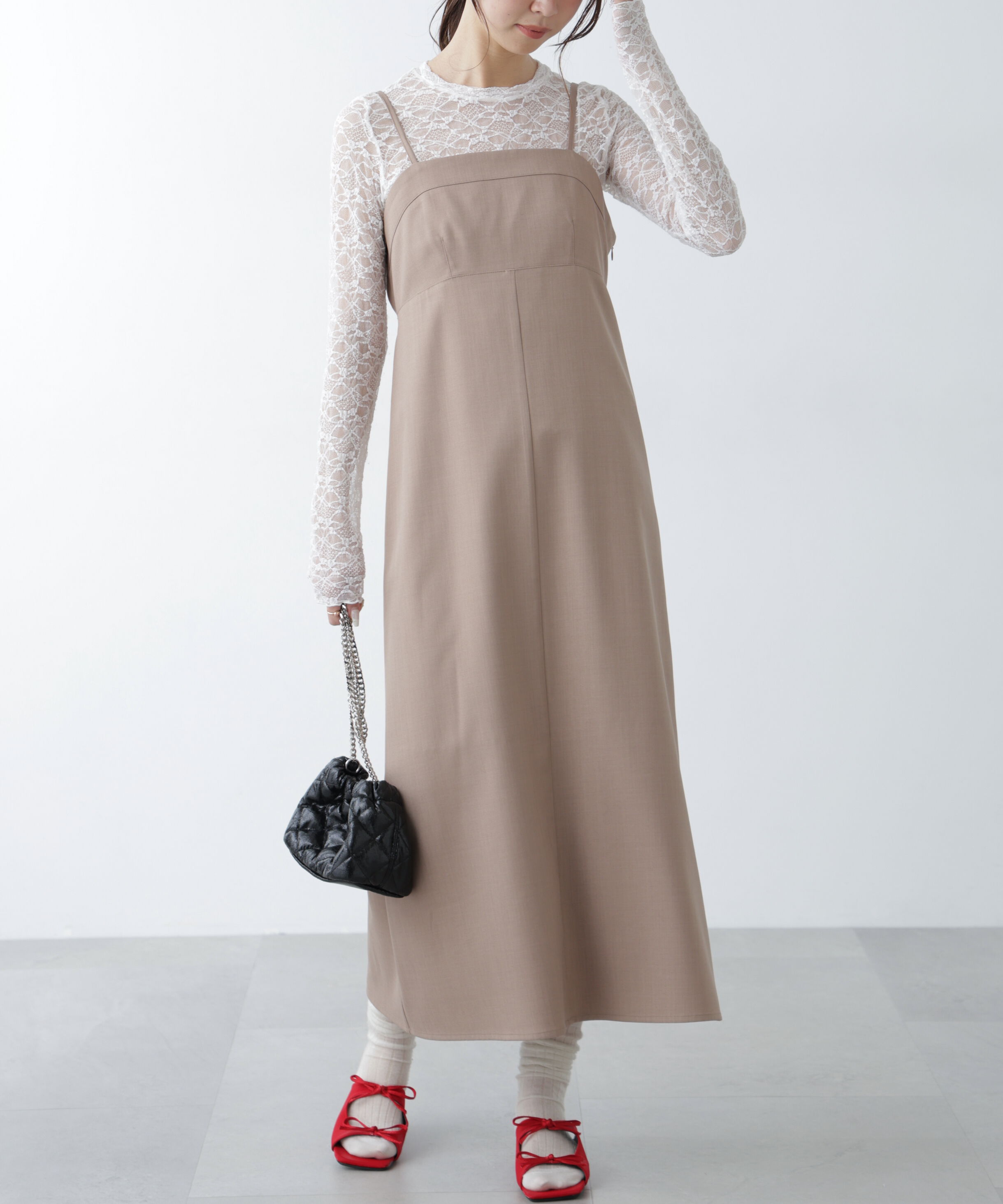  「梳毛調合繊ステッチナローキャミワンピース」|ワンピース|モカ