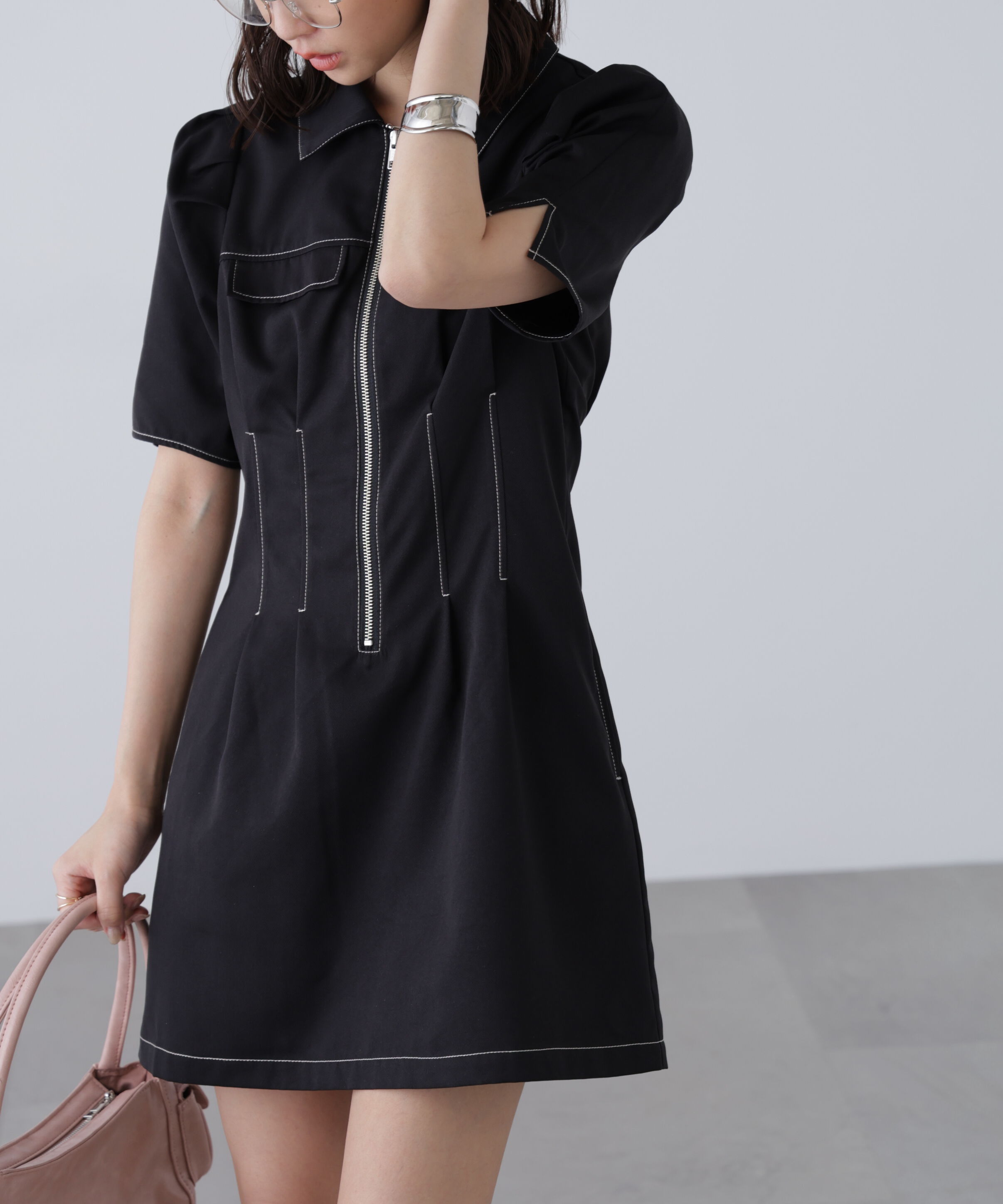  「配色ステッチジップミニワンピース」|ワンピース|