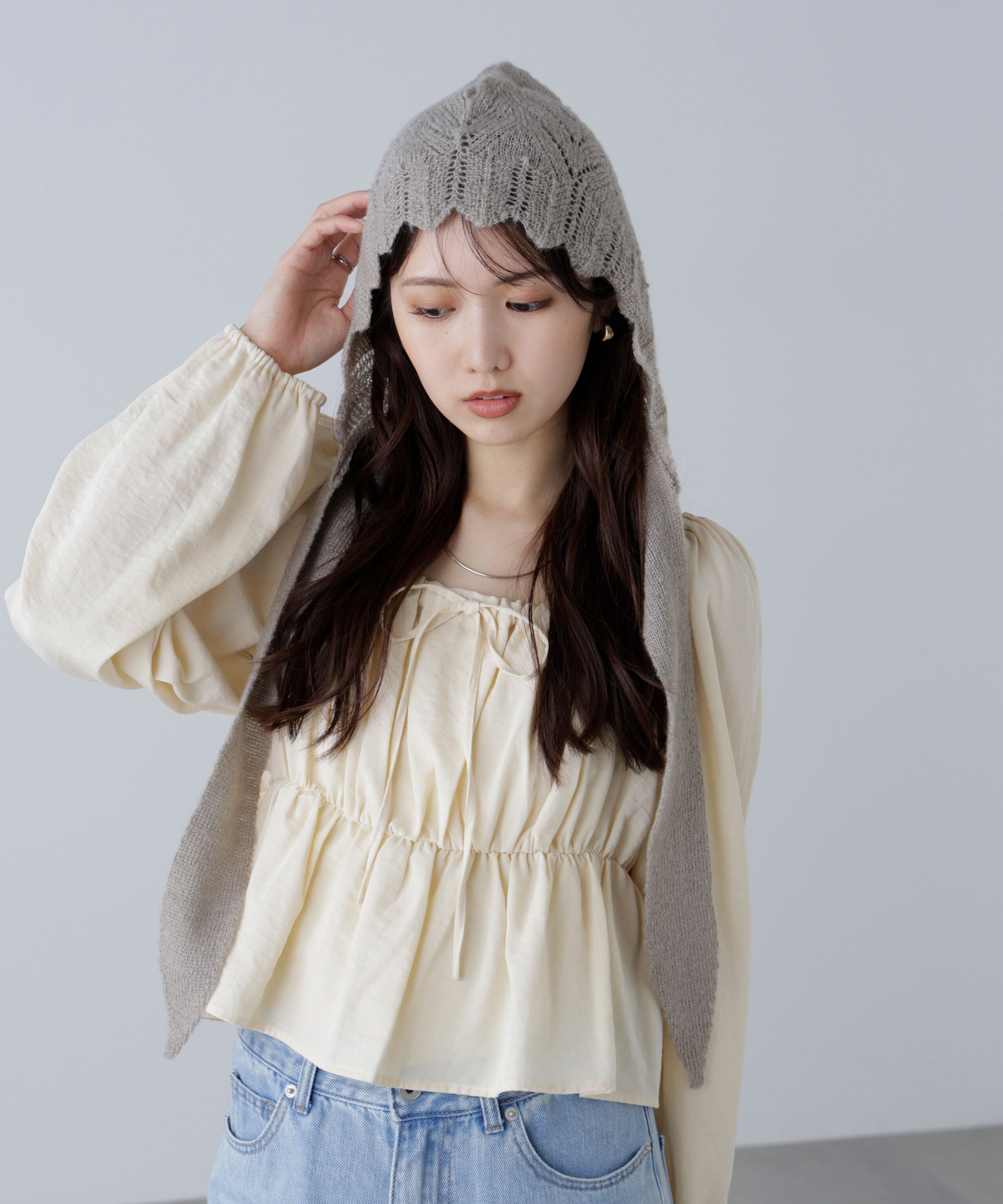  「透かし編みフードマフラー」|ソックス|グレー