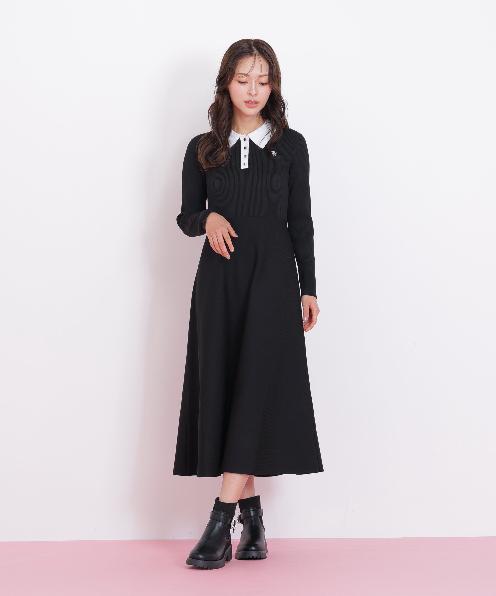  「長袖ポロネックニットワンピース」|ワンピース|