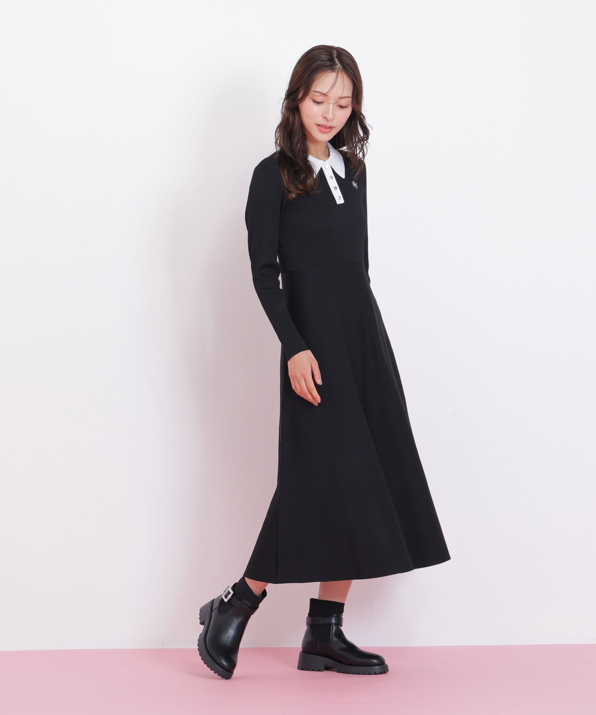  「長袖ポロネックニットワンピース」|ワンピース|