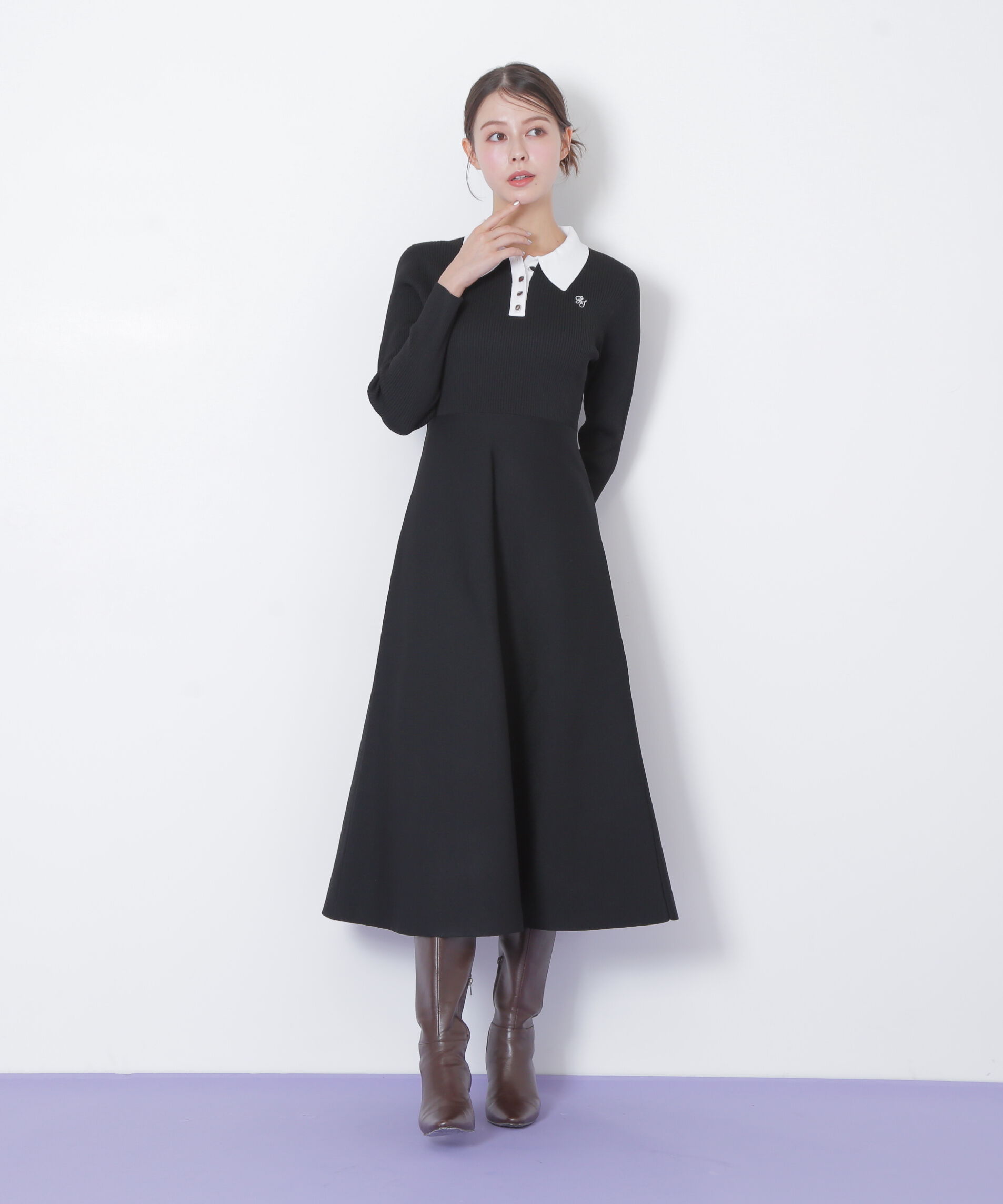  「長袖ポロネックニットワンピース」|ワンピース|