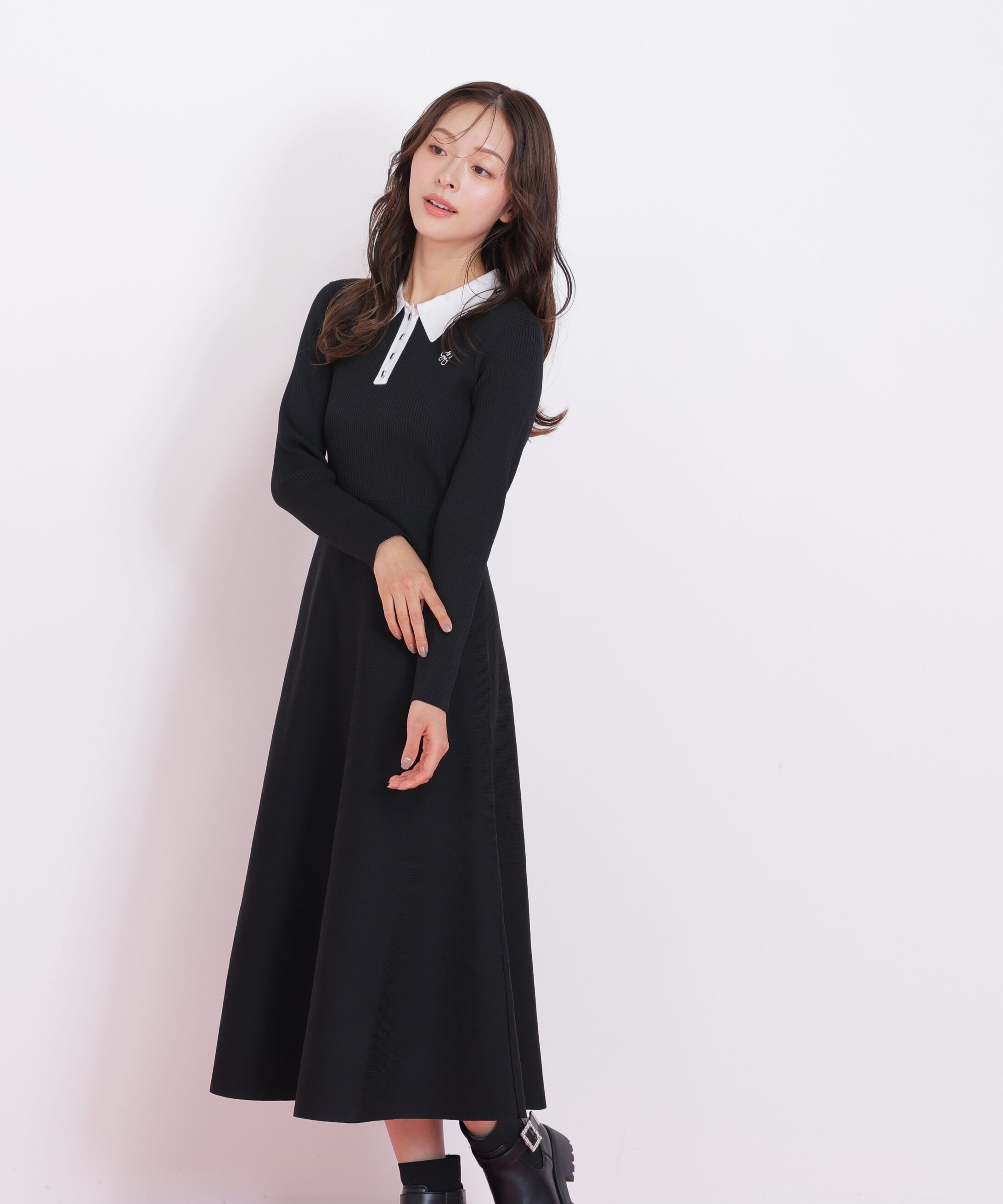  「長袖ポロネックニットワンピース」|ワンピース|