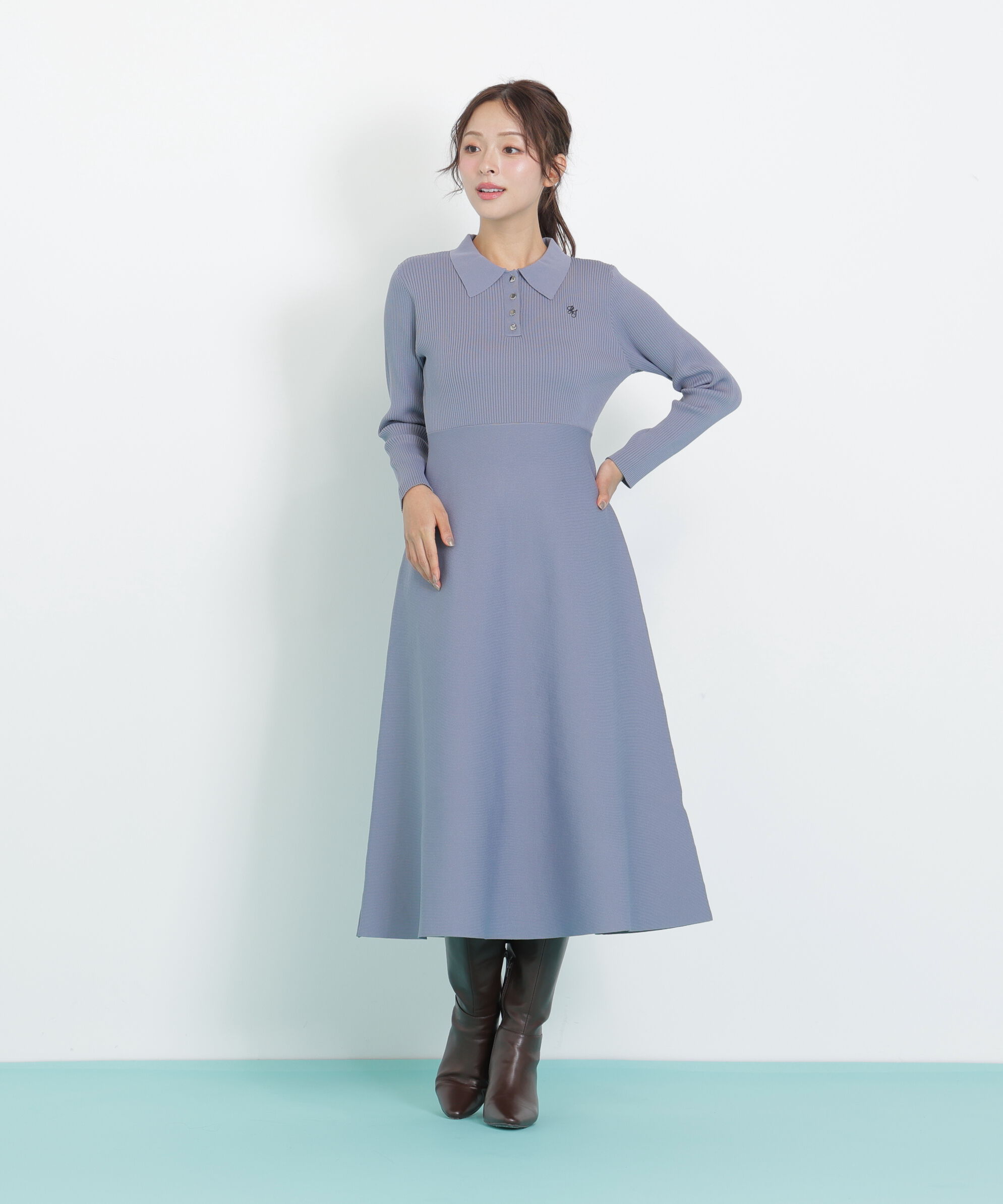  「長袖ポロネックニットワンピース」|ワンピース|