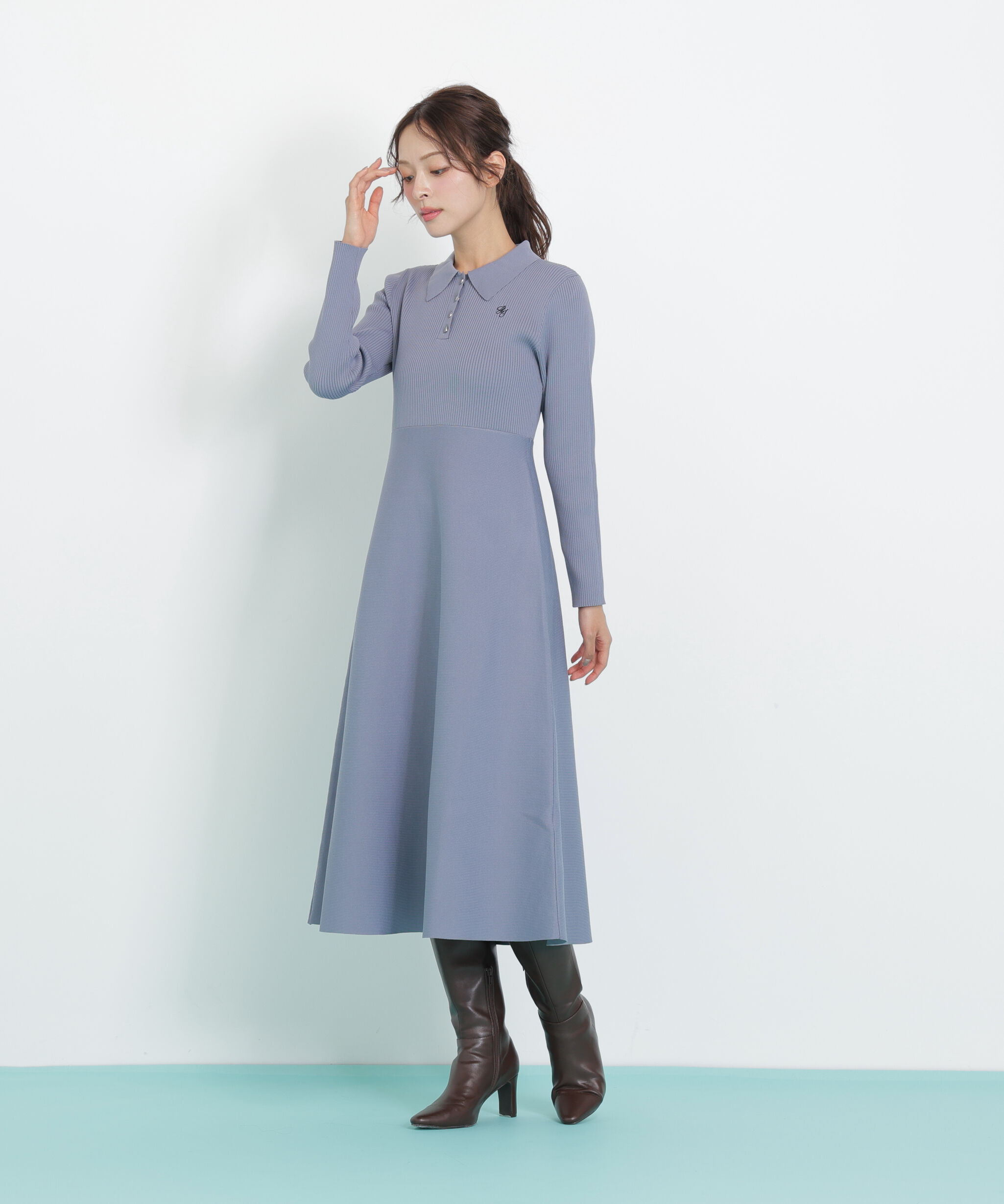  「長袖ポロネックニットワンピース」|ワンピース|