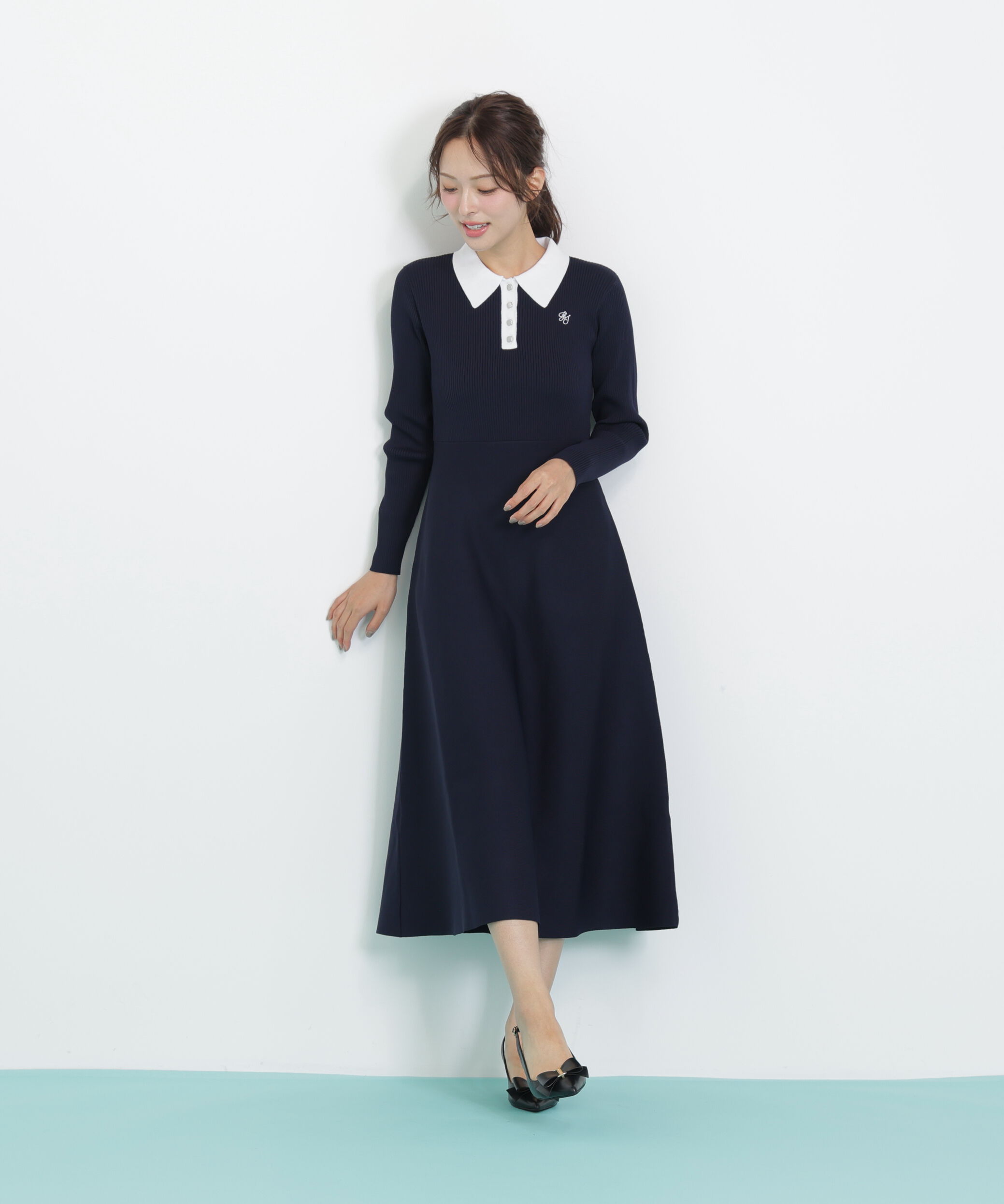  「長袖ポロネックニットワンピース」|ワンピース|