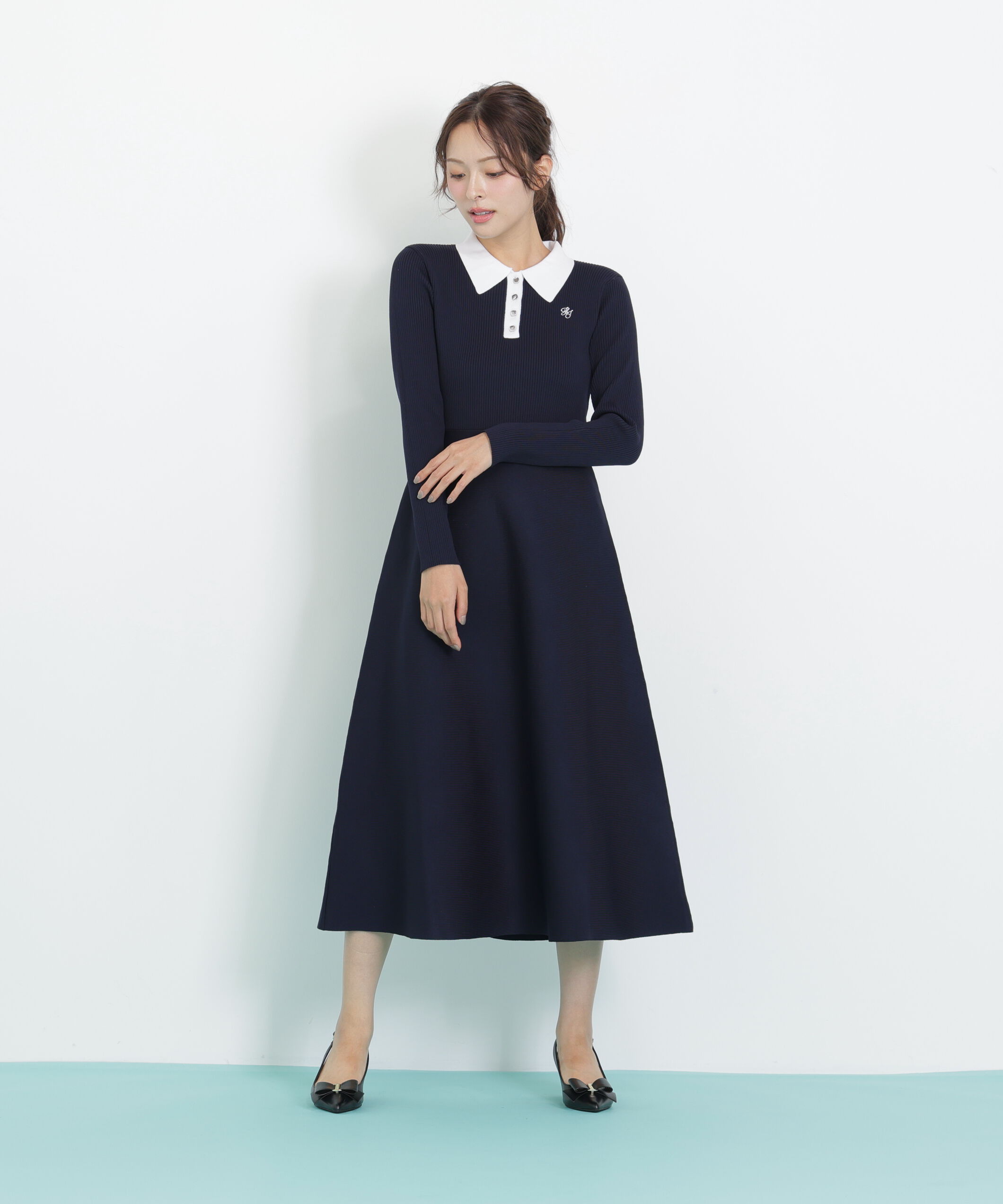  「長袖ポロネックニットワンピース」|ワンピース|