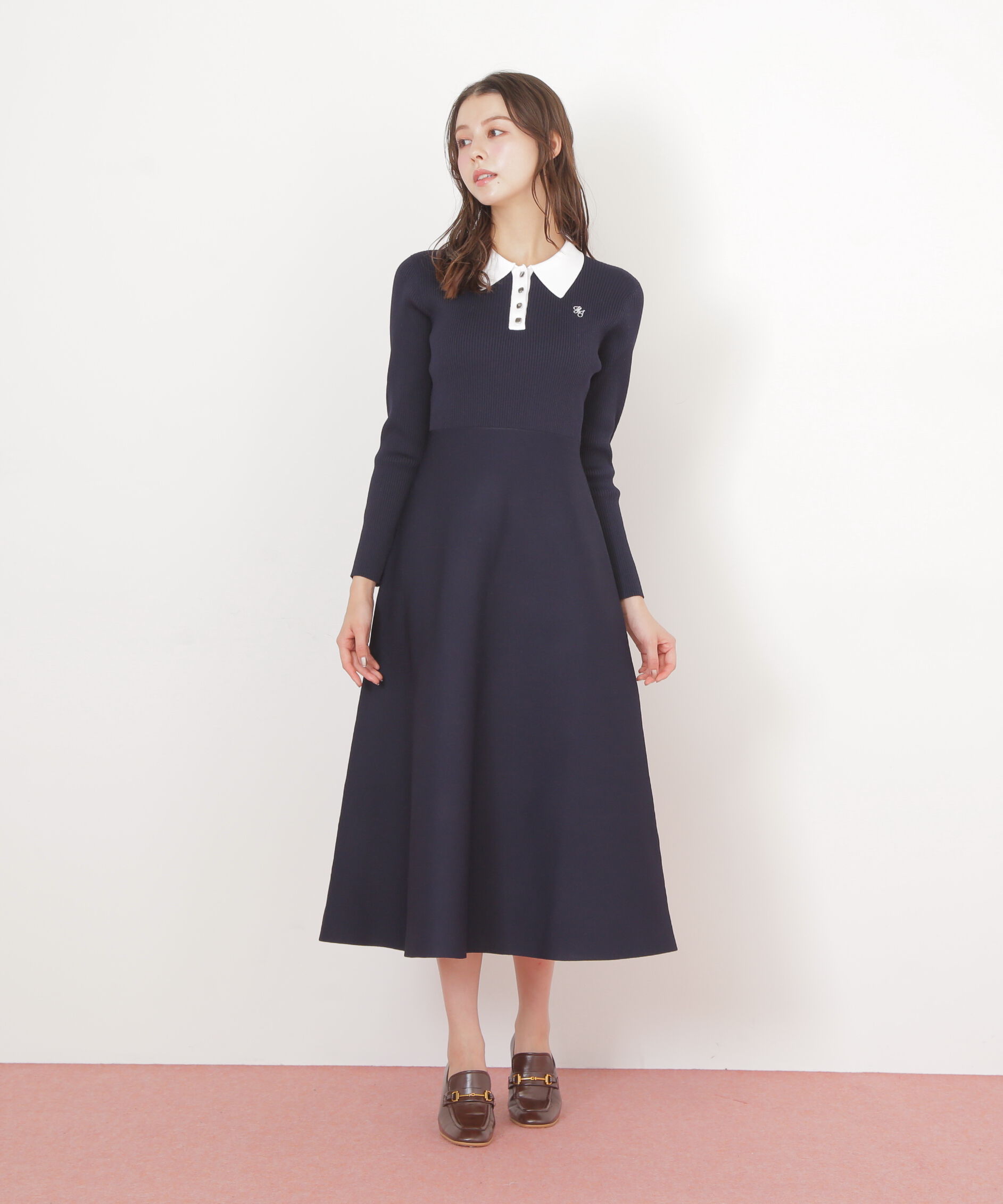  「長袖ポロネックニットワンピース」|ワンピース|