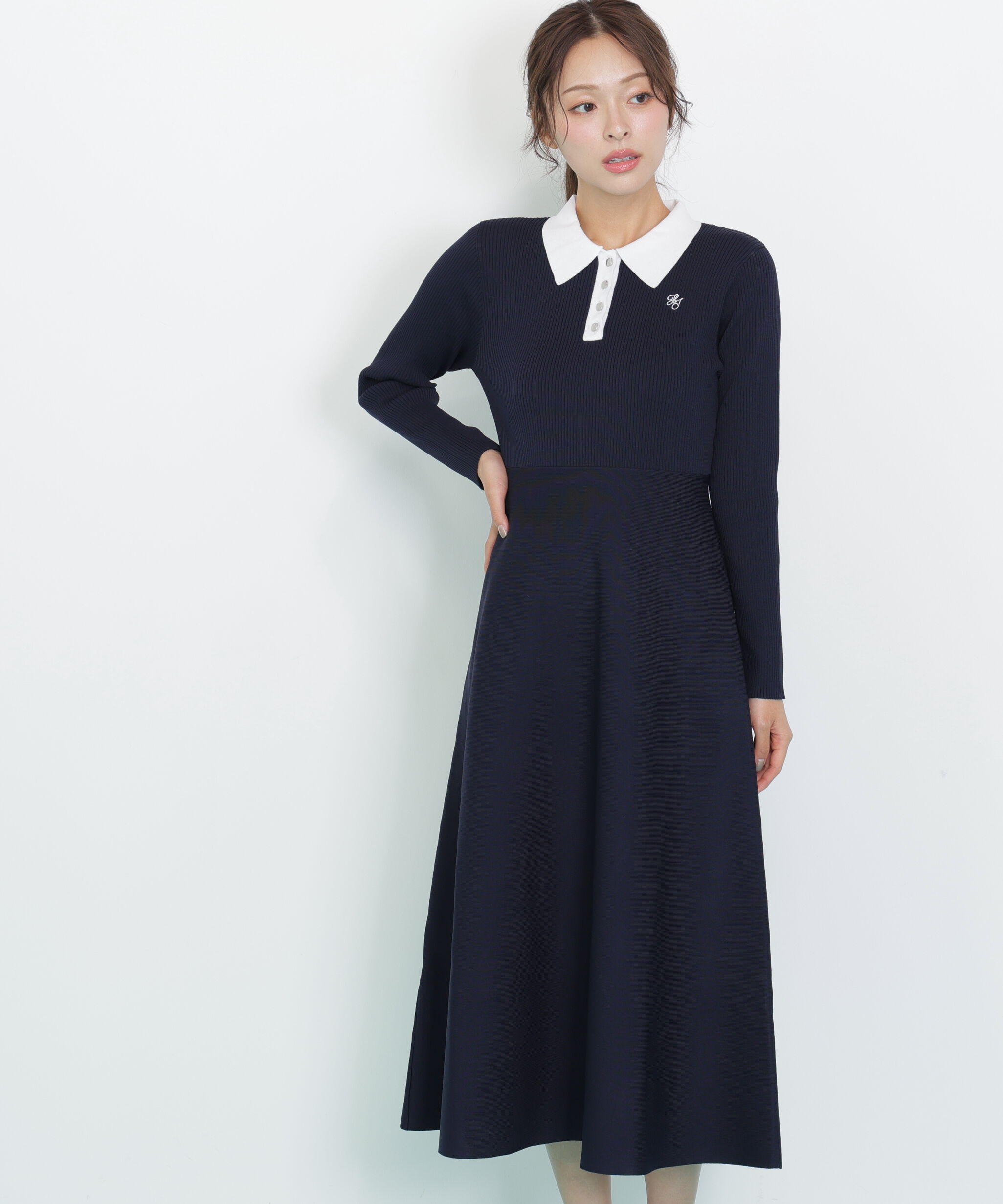  「長袖ポロネックニットワンピース」|ワンピース|