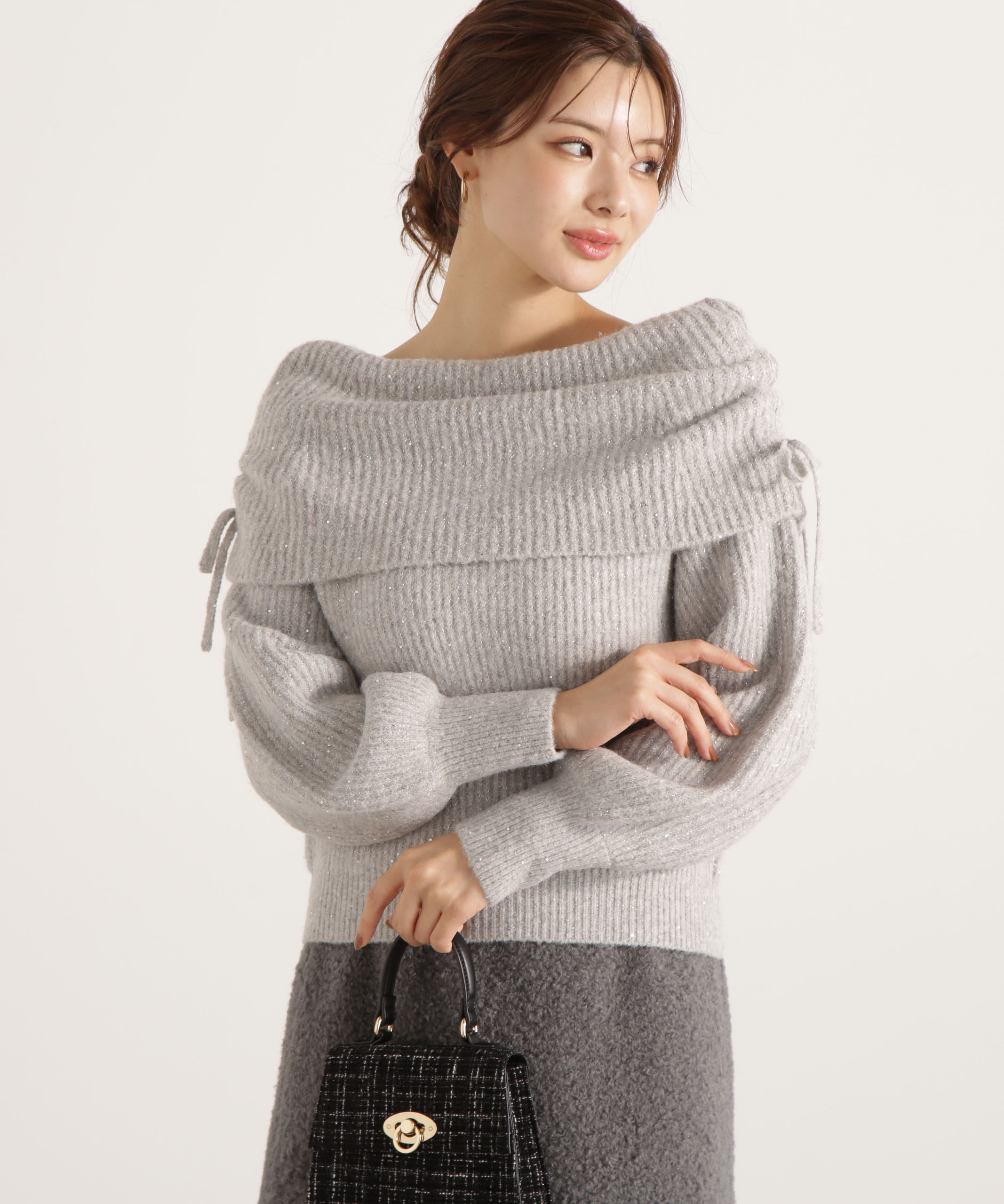 PROPORTION BODY DRESSING「リボン付きオフショルニット 25AW」|ニット・セーター|グレー