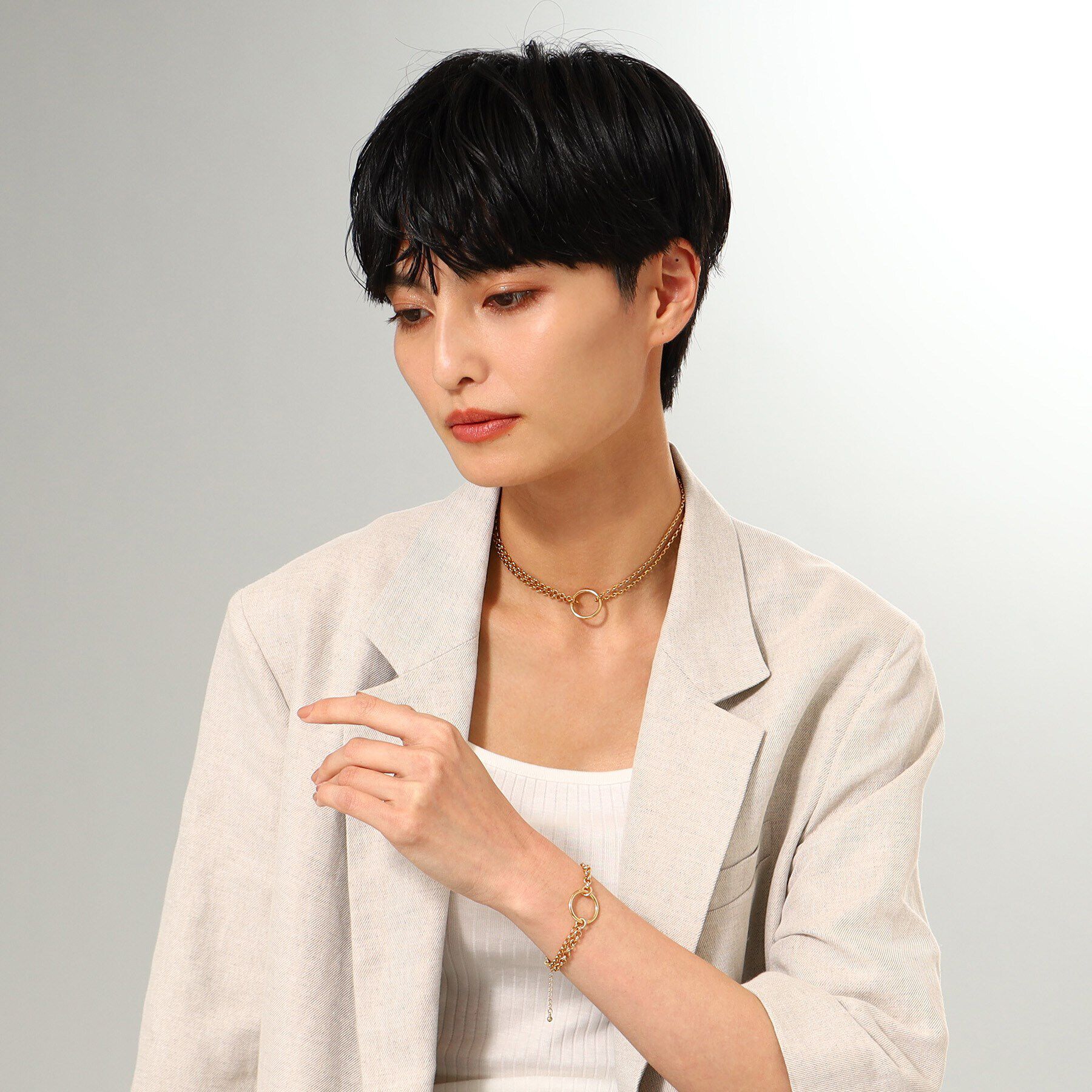 COCOSHNIK ONKITSCH「シルバー サークルモチーフ ダブルチェーンブレスレット GP」|ブレスレット・バングル|