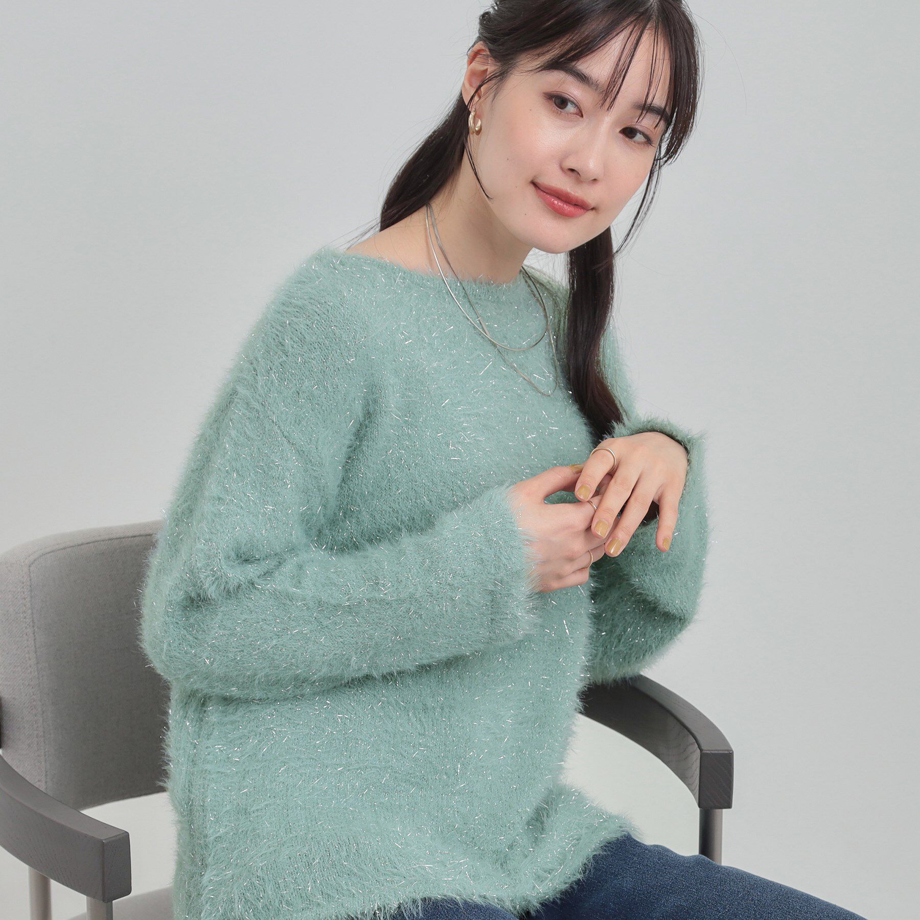 SHOO･LA･RUE「キラふわ ラメフェザー ドロストニット」|ニット・セーター|ミントグリーン(02