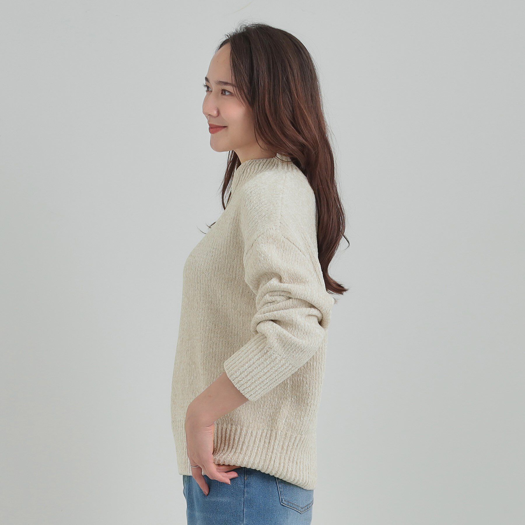 SHOO･LA･RUE「【S-LL】ほんのりラメで女性らしい ベロアモールモックネックニット」|ニット・セーター|