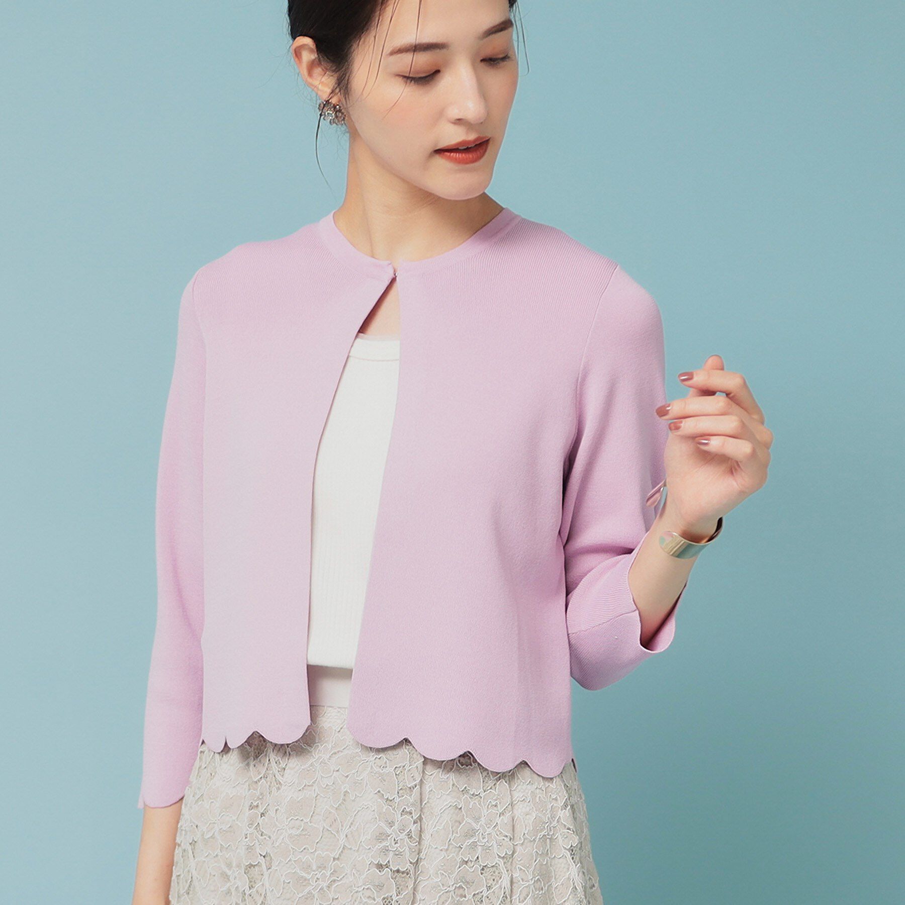 SunaUna「【人気シリーズ/4色展開】スカラップ7分袖ボレロ」|カーディガン|ピンク(071)