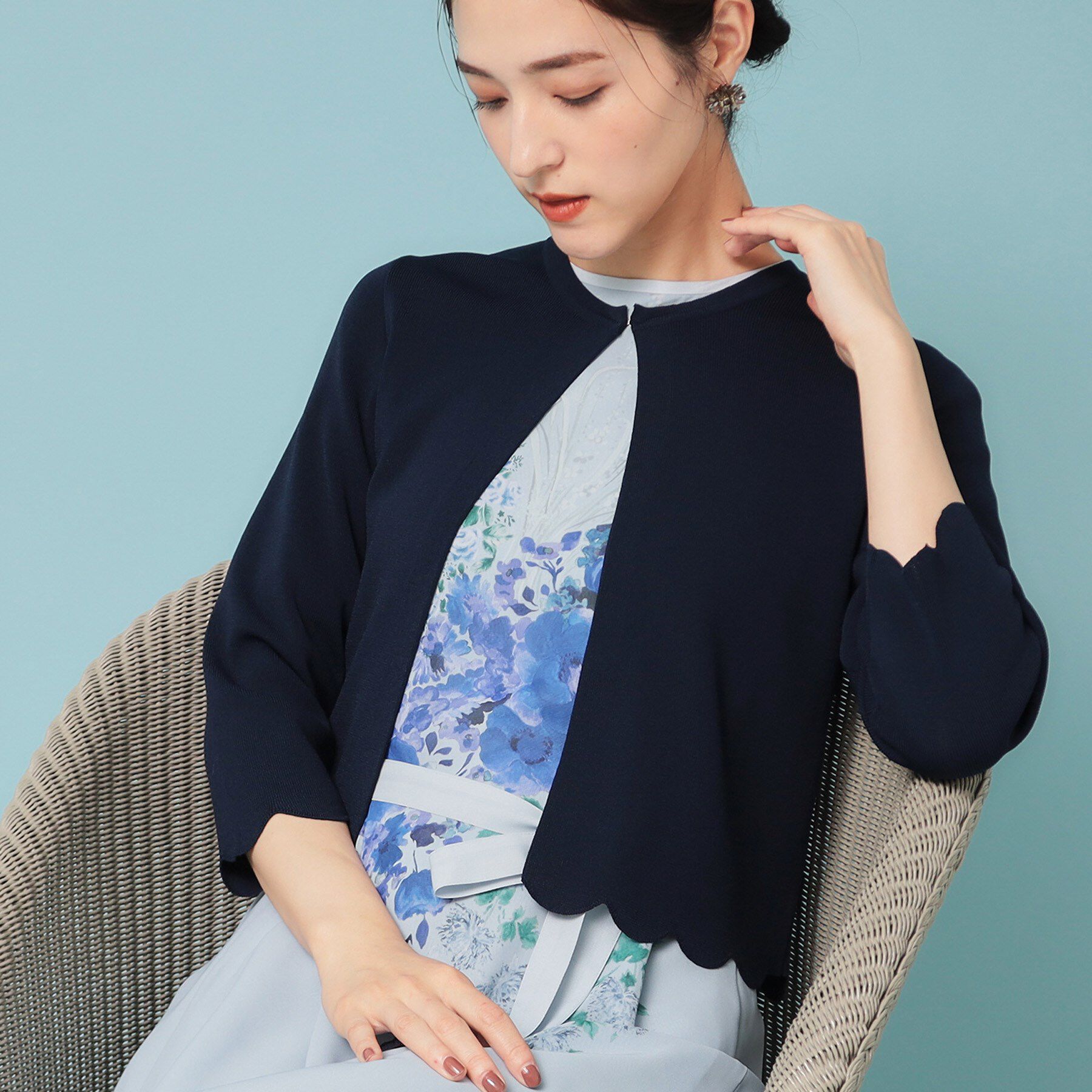 SunaUna「【人気シリーズ/4色展開】スカラップ7分袖ボレロ」|カーディガン|ネイビー(094)