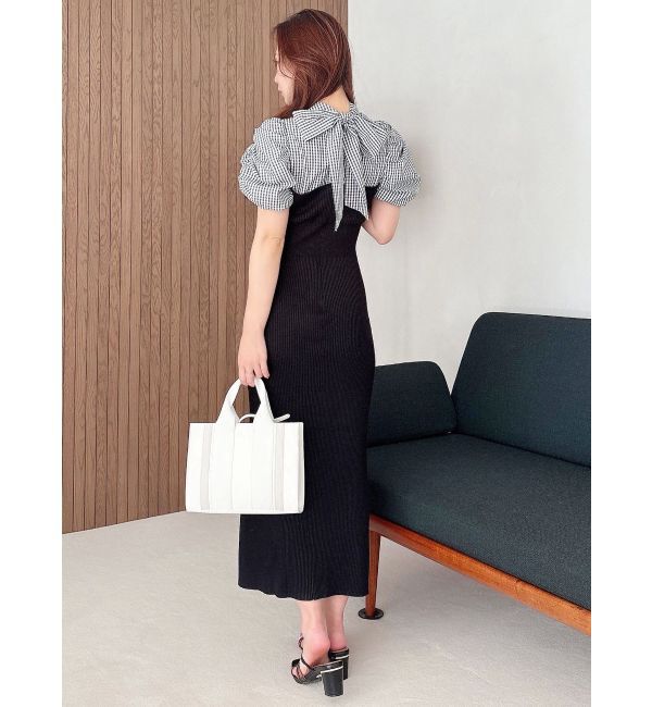 MERCURYDUO「ギンガムギャザーパフニットドッキングワンピース」|ワンピース|