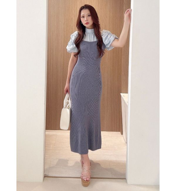 MERCURYDUO「ギンガムギャザーパフニットドッキングワンピース」|ワンピース|