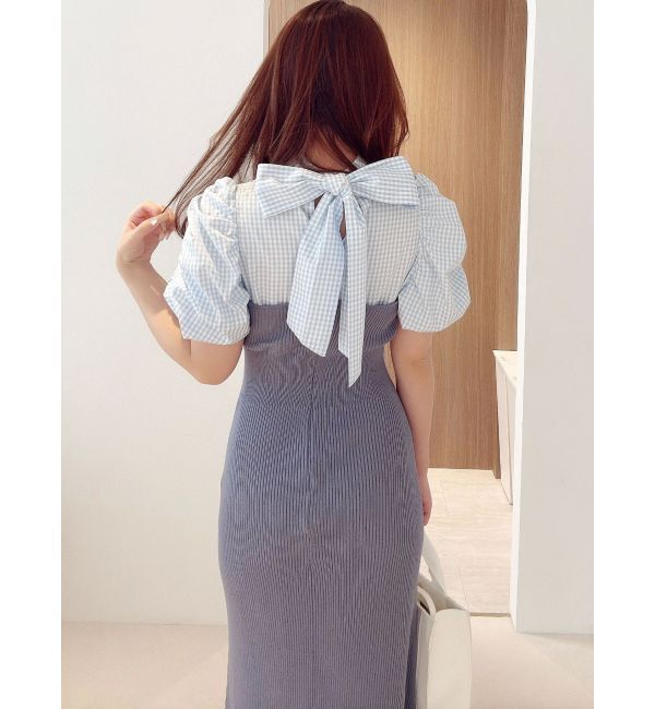 MERCURYDUO「ギンガムギャザーパフニットドッキングワンピース」|ワンピース|