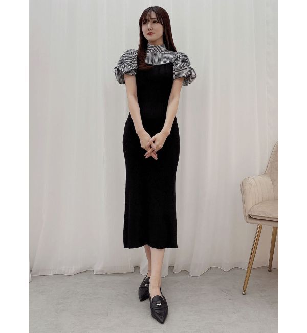 MERCURYDUO「ギンガムギャザーパフニットドッキングワンピース」|ワンピース|