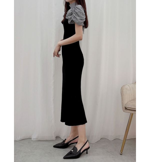 MERCURYDUO「ギンガムギャザーパフニットドッキングワンピース」|ワンピース|