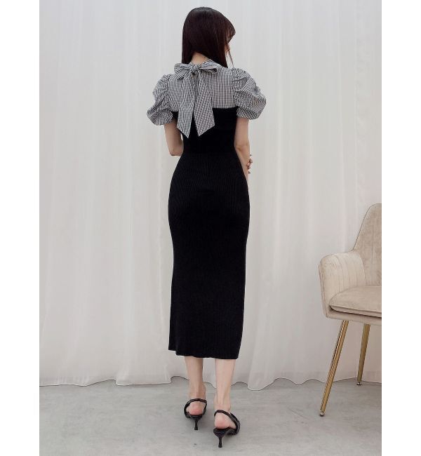 MERCURYDUO「ギンガムギャザーパフニットドッキングワンピース」|ワンピース|