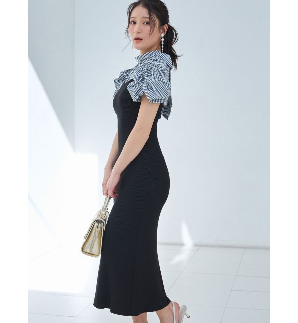 MERCURYDUO「ギンガムギャザーパフニットドッキングワンピース」|ワンピース|