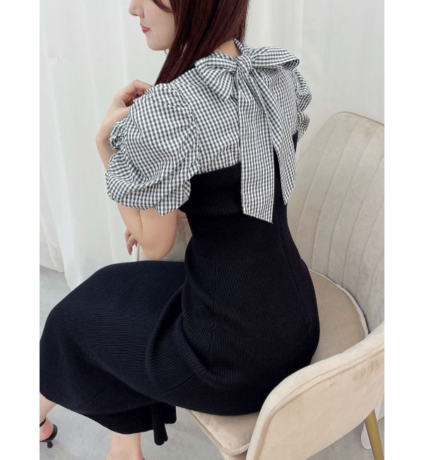 MERCURYDUO「ギンガムギャザーパフニットドッキングワンピース」|ワンピース|