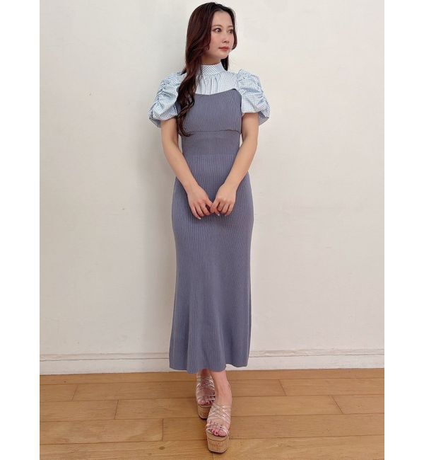 MERCURYDUO「ギンガムギャザーパフニットドッキングワンピース」|ワンピース|