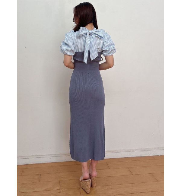 MERCURYDUO「ギンガムギャザーパフニットドッキングワンピース」|ワンピース|