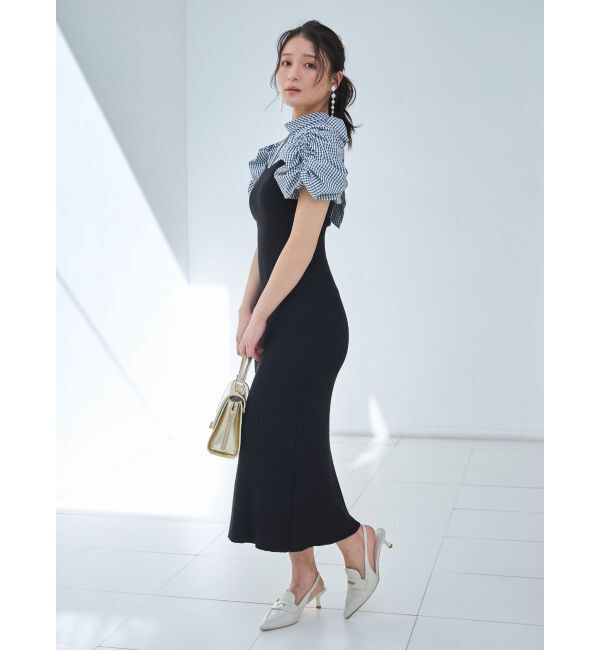 MERCURYDUO「ギンガムギャザーパフニットドッキングワンピース」|ワンピース|