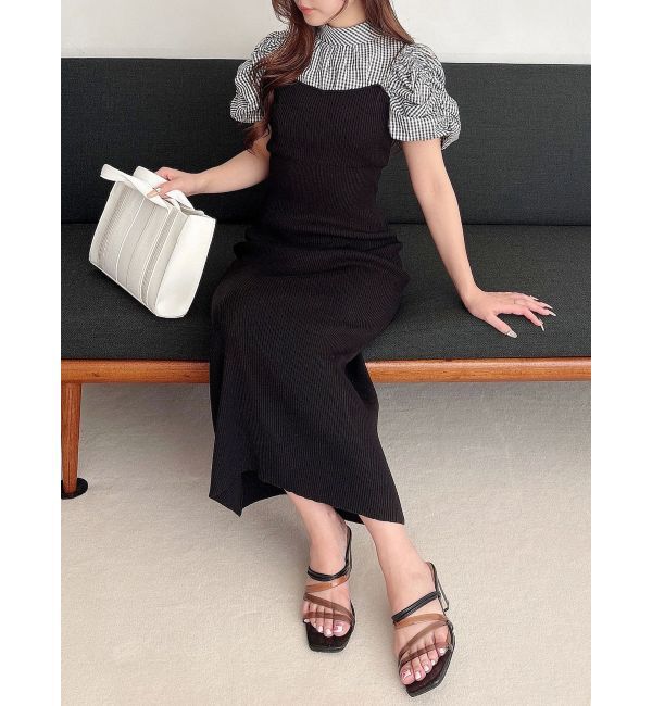 MERCURYDUO「ギンガムギャザーパフニットドッキングワンピース」|ワンピース|