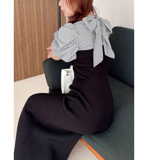 MERCURYDUO「ギンガムギャザーパフニットドッキングワンピース」|ワンピース|