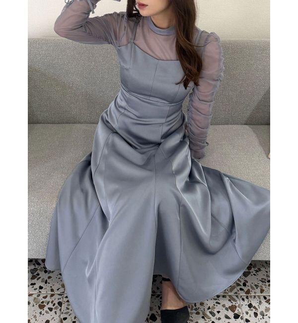 MERCURYDUO「サテンシアーギャザースリーブワンピース」|ワンピース|ブルー