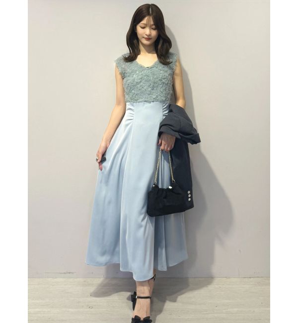 MERCURYDUO「チュールフリルドッキングサテンワンピース」|ドレス|