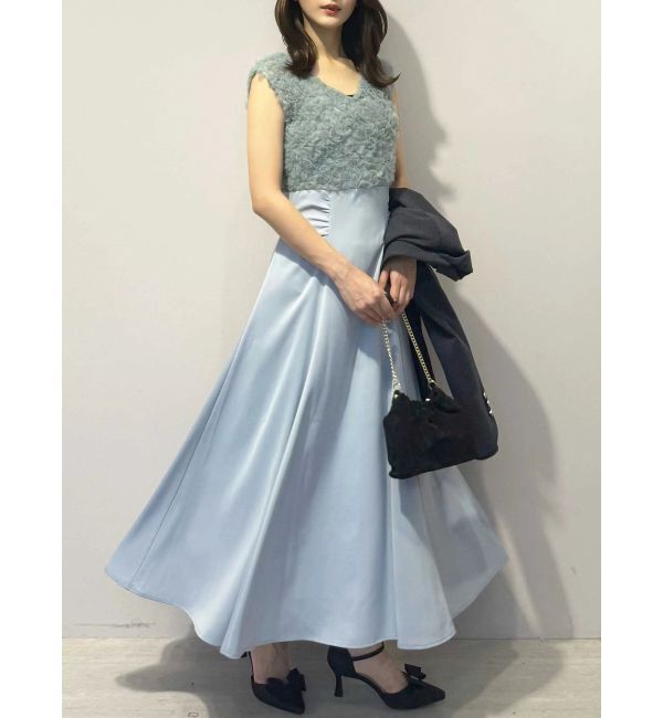 MERCURYDUO「チュールフリルドッキングサテンワンピース」|ドレス|ブルー