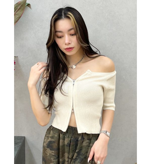 EVRIS「フロントジップハーフスリーブオフショルトップス」|Tシャツ・カットソー|ホワイト