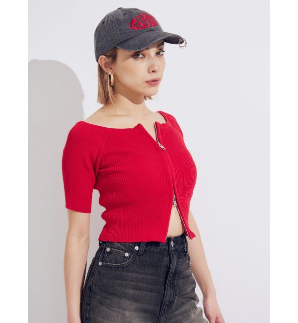 EVRIS「フロントジップハーフスリーブオフショルトップス」|Tシャツ・カットソー|