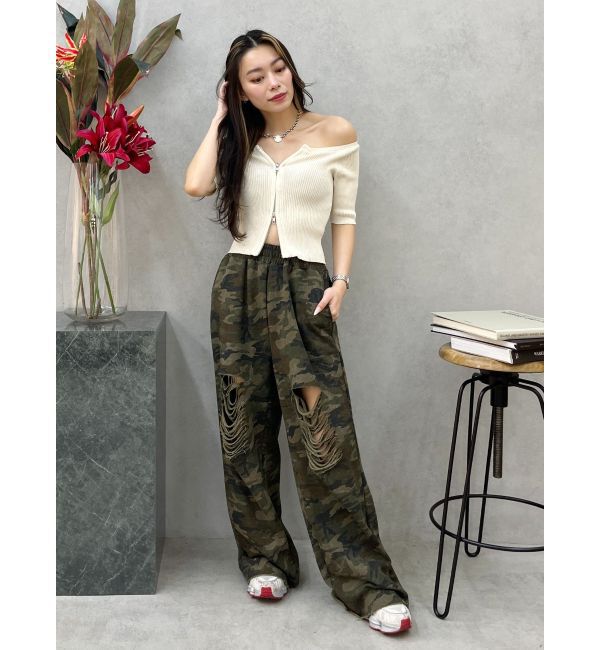 EVRIS「フロントジップハーフスリーブオフショルトップス」|Tシャツ・カットソー|