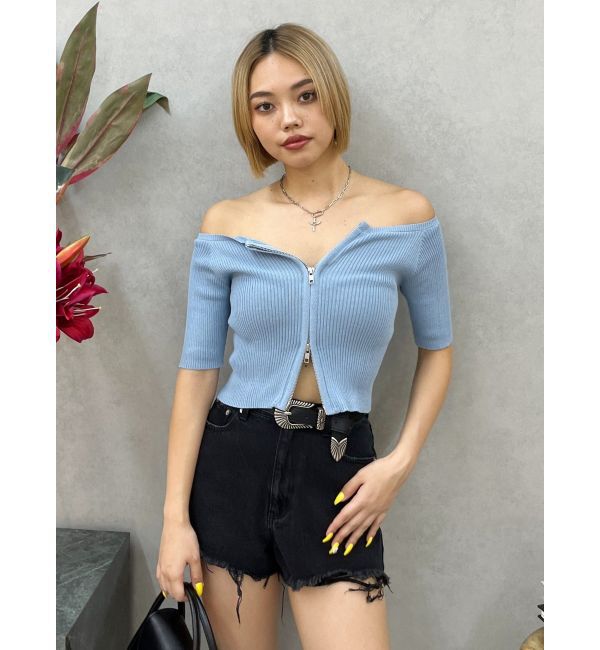 EVRIS「フロントジップハーフスリーブオフショルトップス」|Tシャツ・カットソー|