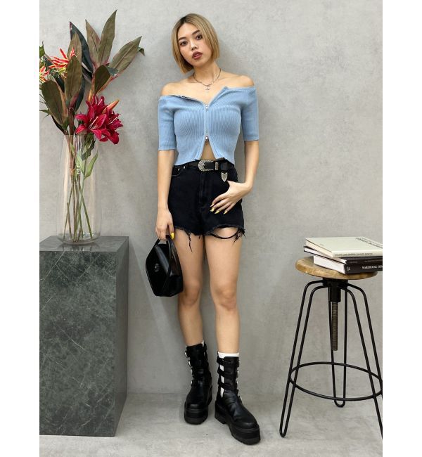 EVRIS「フロントジップハーフスリーブオフショルトップス」|Tシャツ・カットソー|