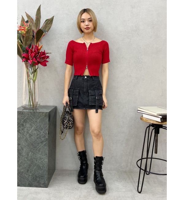 EVRIS「フロントジップハーフスリーブオフショルトップス」|Tシャツ・カットソー|