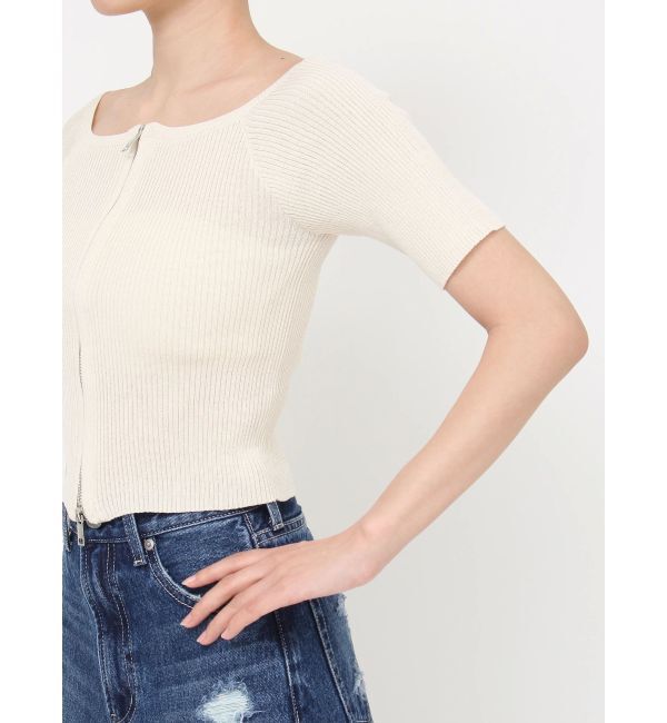 EVRIS「フロントジップハーフスリーブオフショルトップス」|Tシャツ・カットソー|