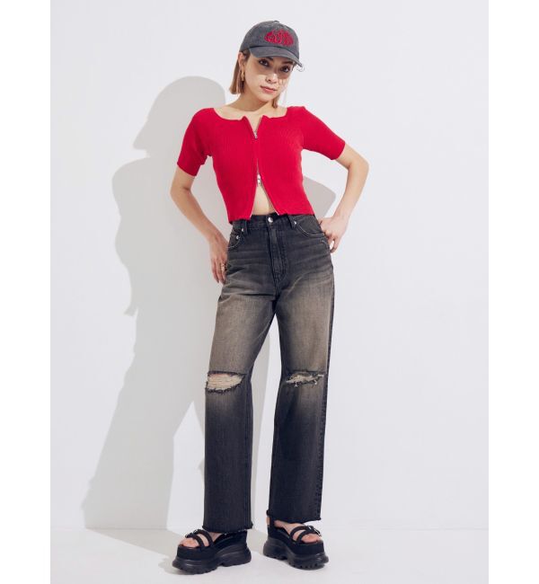 EVRIS「フロントジップハーフスリーブオフショルトップス」|Tシャツ・カットソー|