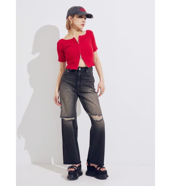 EVRIS「フロントジップハーフスリーブオフショルトップス」|Tシャツ・カットソー|