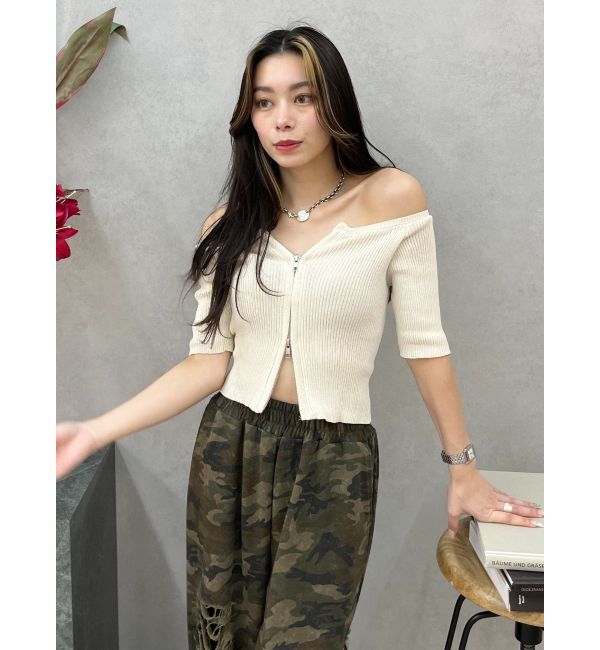 EVRIS「フロントジップハーフスリーブオフショルトップス」|Tシャツ・カットソー|