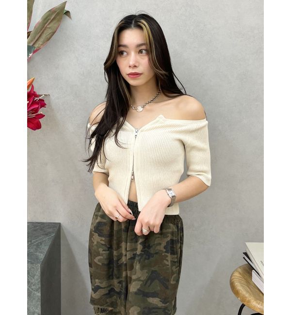 EVRIS「フロントジップハーフスリーブオフショルトップス」|Tシャツ・カットソー|