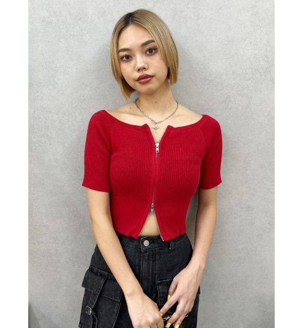 EVRIS「フロントジップハーフスリーブオフショルトップス」|Tシャツ・カットソー|レッド