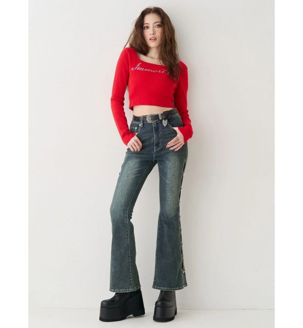 EVRIS「ラインストーンロゴニットトップス」|ニット・セーター|