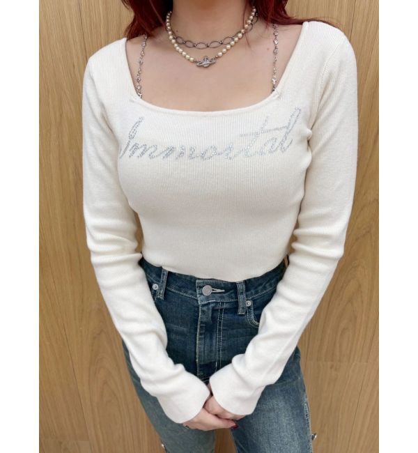 EVRIS「ラインストーンロゴニットトップス」|ニット・セーター|