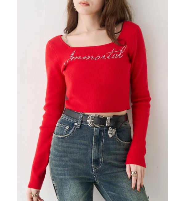 EVRIS「ラインストーンロゴニットトップス」|ニット・セーター|